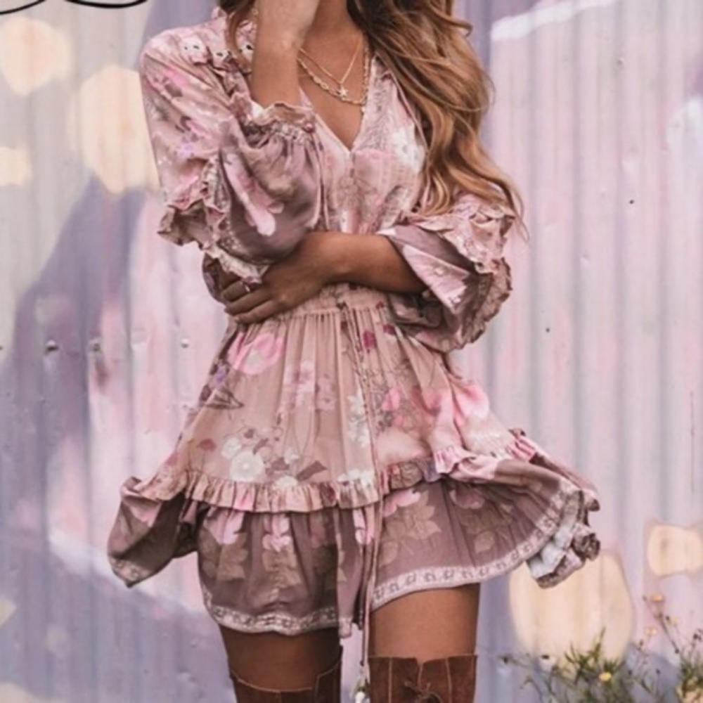 Bohemian Pink Floral Print Ruffle Sleeve Mini Dress - Picture 1 of 12